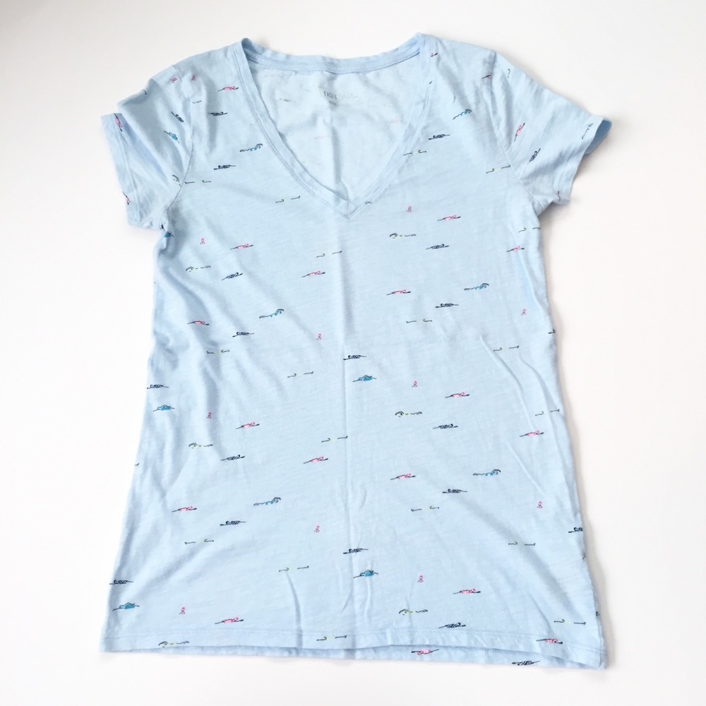 Blue Cotton Swimmer Print V Neck T shirt EUC Sz S